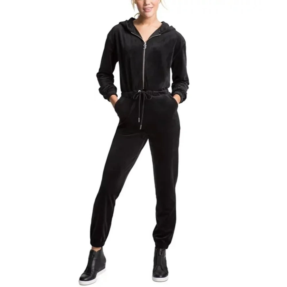 Juicy Couture L Black Velour Hooded Jumpsuit Drawstring Zipper Closure 8237 - Picture 1 of 13